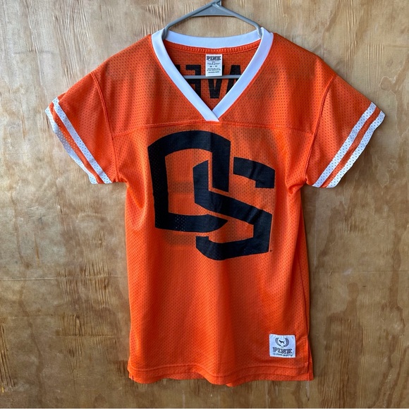 PINK Victoria's Secret Tops - PINK Victoria's Secret Orange Mesh V-Neck Jersey with Black Logo